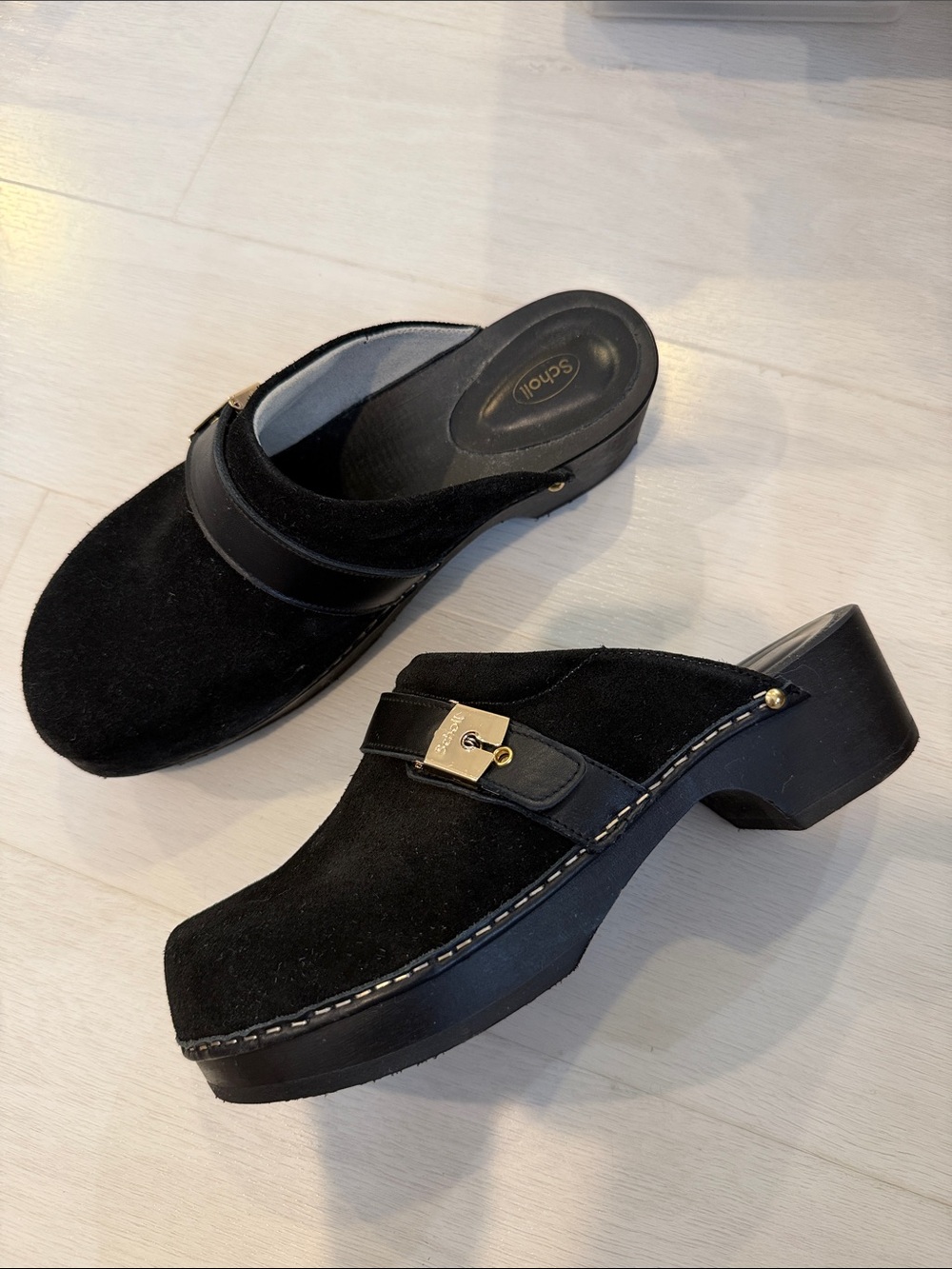 Dr. Scholl's Black Suede Clog Mules with Gold Buckle